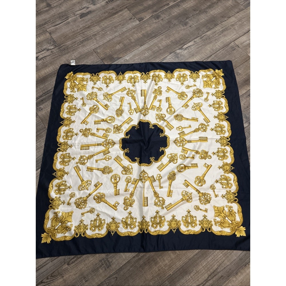VINTAGE AUTHENTIC SILK EQUESTRIAN KEYS BLUE GOLD BORDER SCARF‎ BANDANA